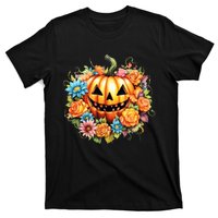 Kawaii Halloween Jack O Lantern With Pumpkin And Flowers T-Shirt