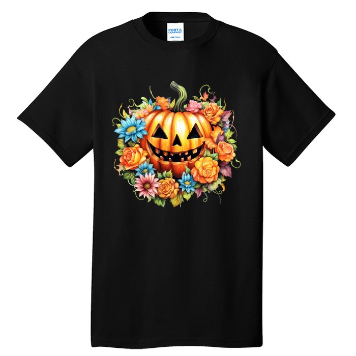 Kawaii Halloween Jack O Lantern With Pumpkin And Flowers Tall T-Shirt