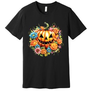 Kawaii Halloween Jack O Lantern With Pumpkin And Flowers Premium T-Shirt