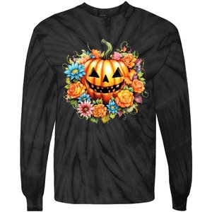 Kawaii Halloween Jack O Lantern With Pumpkin And Flowers Tie-Dye Long Sleeve Shirt