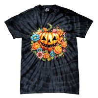 Kawaii Halloween Jack O Lantern With Pumpkin And Flowers Tie-Dye T-Shirt