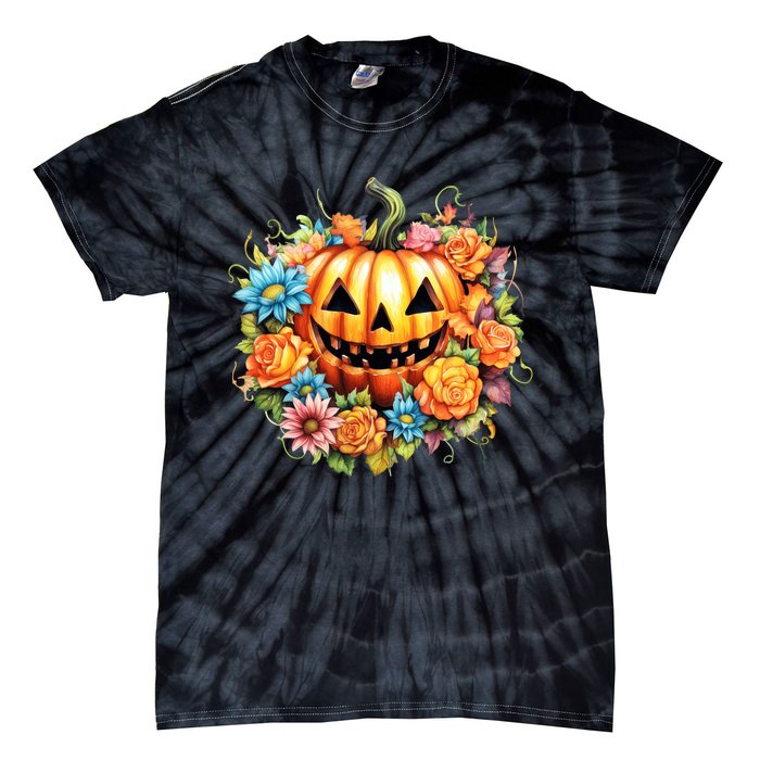 Kawaii Halloween Jack O Lantern With Pumpkin And Flowers Tie-Dye T-Shirt