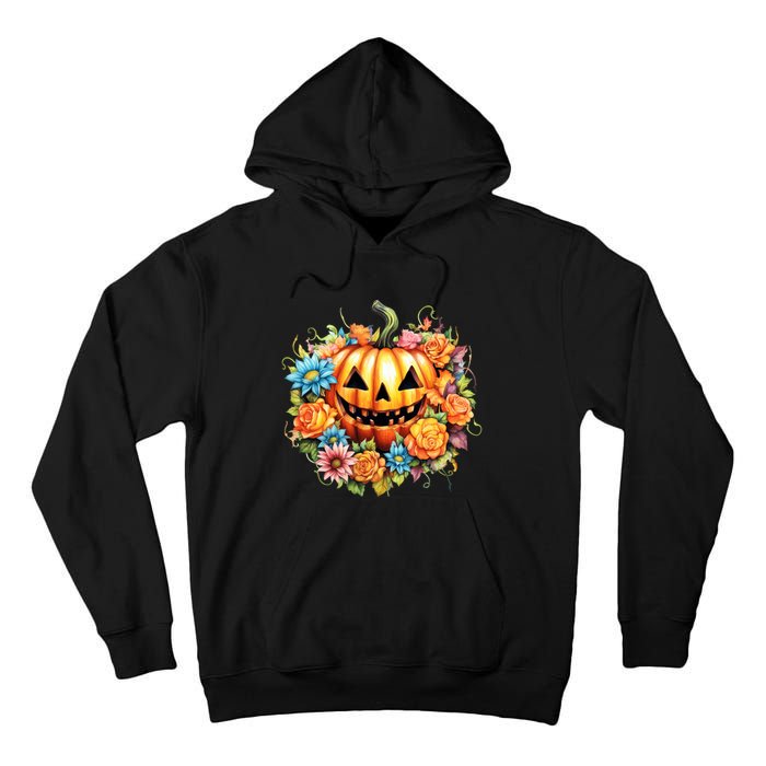 Kawaii Halloween Jack O Lantern With Pumpkin And Flowers Tall Hoodie