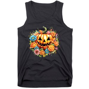 Kawaii Halloween Jack O Lantern With Pumpkin And Flowers Tank Top