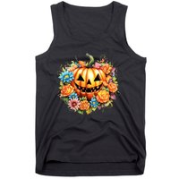 Kawaii Halloween Jack O Lantern With Pumpkin And Flowers Tank Top