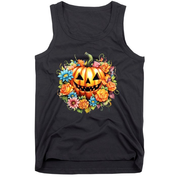 Kawaii Halloween Jack O Lantern With Pumpkin And Flowers Tank Top