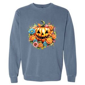 Kawaii Halloween Jack O Lantern With Pumpkin And Flowers Garment-Dyed Sweatshirt