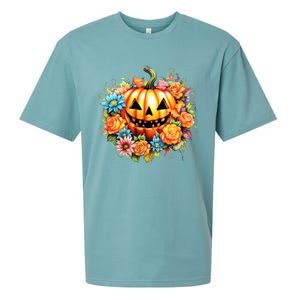 Kawaii Halloween Jack O Lantern With Pumpkin And Flowers Sueded Cloud Jersey T-Shirt