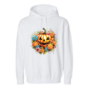 Kawaii Halloween Jack O Lantern With Pumpkin And Flowers Garment-Dyed Fleece Hoodie