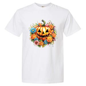 Kawaii Halloween Jack O Lantern With Pumpkin And Flowers Garment-Dyed Heavyweight T-Shirt