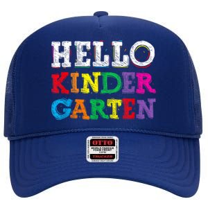 Kids Hello Kindergarten Back To School First Day High Crown Mesh Back Trucker Hat