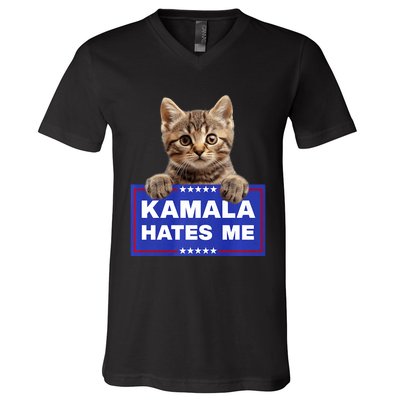 Kamala Hates Me Kamala Hate Cats Trump 2024 American Flag V-Neck T-Shirt