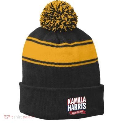 Kamala Harris Madam President Front And Back Stripe Pom Pom Beanie