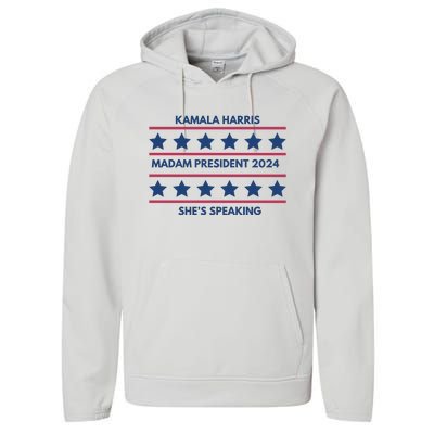 Kamala Harris Madam President 2024 SheS Speaking Performance Fleece Hoodie