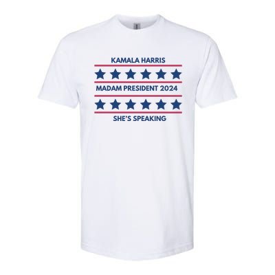 Kamala Harris Madam President 2024 SheS Speaking Softstyle CVC T-Shirt