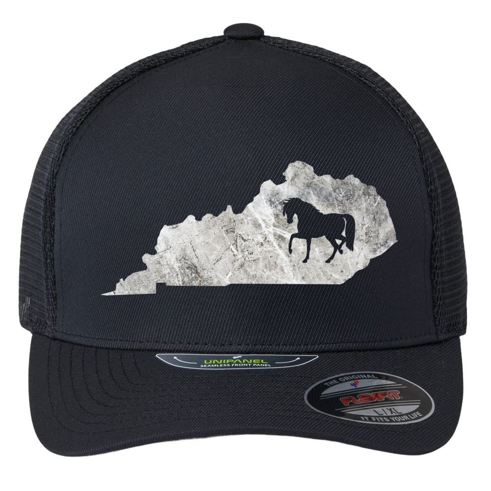 Kentucky Horse Map Horseback Riding Equestrian Racing Gift Flexfit Unipanel Trucker Cap