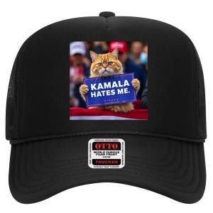 Kamala Hates Me Funny Political Saying Cat Lover High Crown Mesh Back Trucker Hat