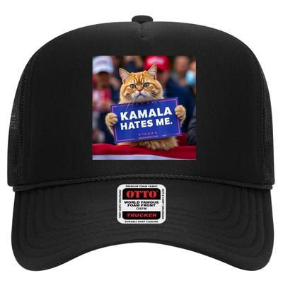 Kamala Hates Me Funny Political Saying Cat Lover High Crown Mesh Back Trucker Hat