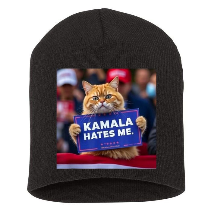 Kamala Hates Me Funny Political Saying Cat Lover Short Acrylic Beanie