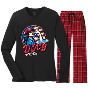 Kamala Harris President Happy Labor Day Vibes American Flag Women's Long Sleeve Flannel Pajama Set 