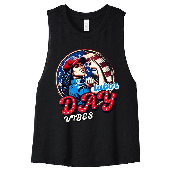 Kamala Harris President Happy Labor Day Vibes American Flag Women's Racerback Cropped Tank