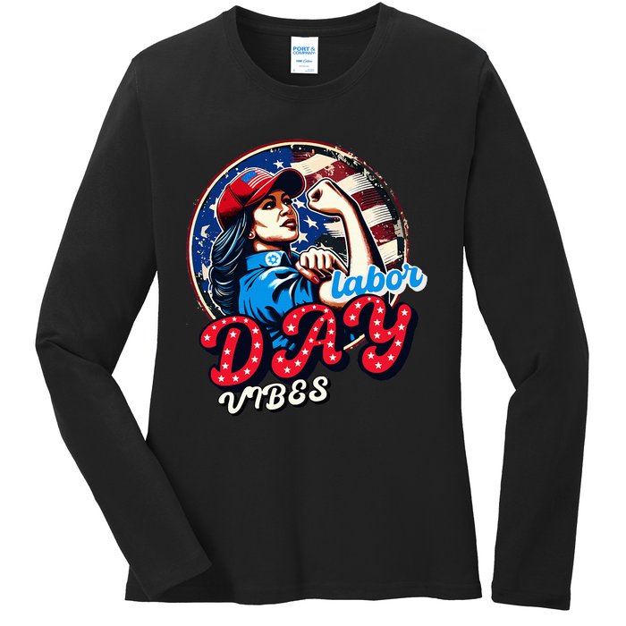 Kamala Harris President Happy Labor Day Vibes American Flag Ladies Long Sleeve Shirt