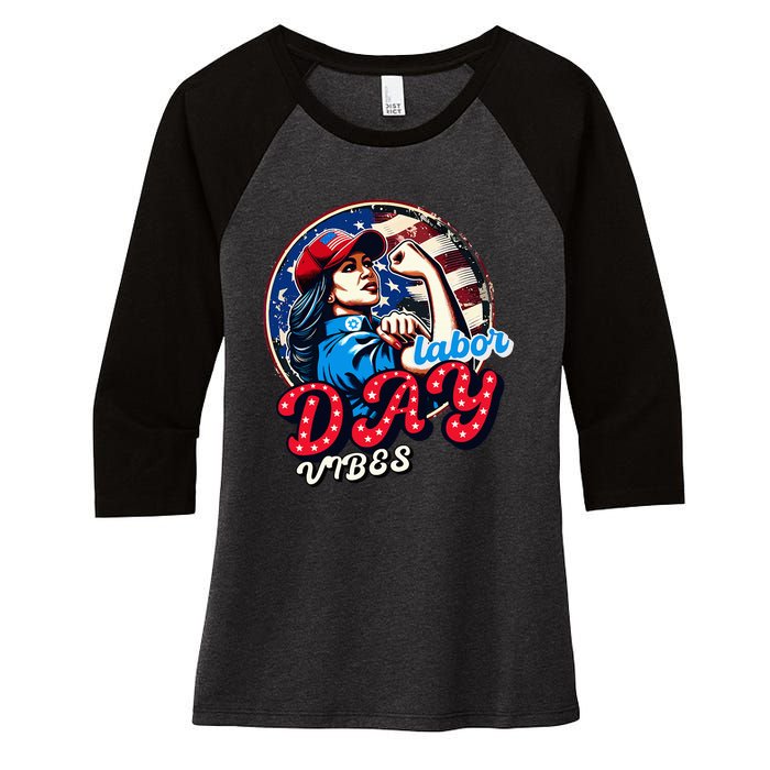 Kamala Harris President Happy Labor Day Vibes American Flag Women's Tri-Blend 3/4-Sleeve Raglan Shirt