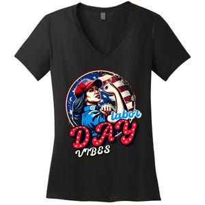 Kamala Harris President Happy Labor Day Vibes American Flag Women's V-Neck T-Shirt