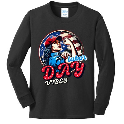 Kamala Harris President Happy Labor Day Vibes American Flag Kids Long Sleeve Shirt