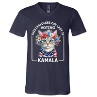 Kamala Harris Presiden 2024 Childless Cat Lady Madam Harris For President 2024 V-Neck T-Shirt