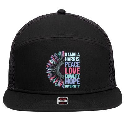 Kamala Harris Peace Love Equality Hope Diversity 7 Panel Mesh Trucker Snapback Hat