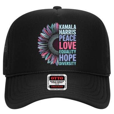 Kamala Harris Peace Love Equality Hope Diversity High Crown Mesh Back Trucker Hat