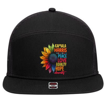 Kamala Harris Peace Love Equality Hope Diversity 2024 7 Panel Mesh Trucker Snapback Hat