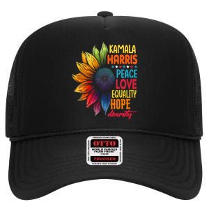 Kamala Harris Peace Love Equality Hope Diversity 2024 High Crown Mesh Back Trucker Hat