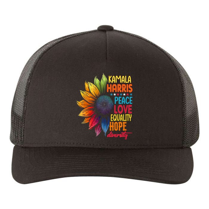 Kamala Harris Peace Love Equality Hope Diversity 2024 Yupoong Adult 5-Panel Trucker Hat