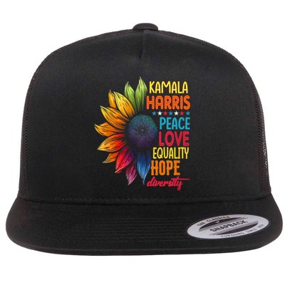 Kamala Harris Peace Love Equality Hope Diversity 2024 Flat Bill Trucker Hat