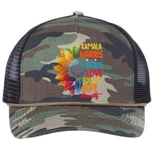 Kamala Harris Peace Love Equality Hope Diversity 2024 Retro Rope Trucker Hat Cap