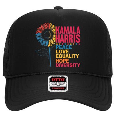 Kamala Harris Peace Love Equality Hope Diversity High Crown Mesh Back Trucker Hat