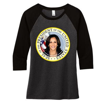 Kamala Harris Presidential Seal Portrait Women's Tri-Blend 3/4-Sleeve Raglan Shirt