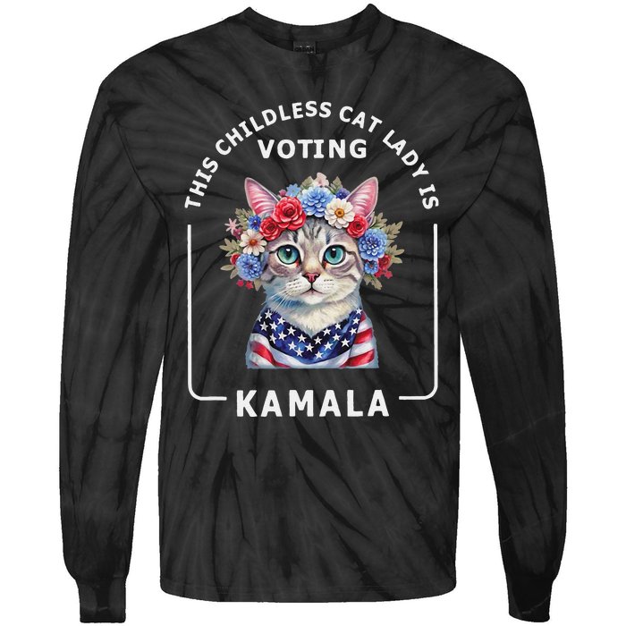 Kamala Harris Presiden 2024 Childless Cat Lady Madam Gift Tie-Dye Long Sleeve Shirt