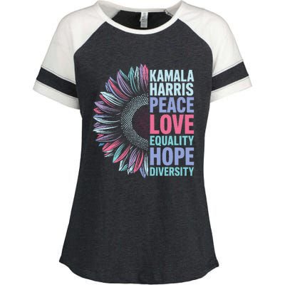 Kamala Harris Peace Love Equality Hope Diversity Enza Ladies Jersey Colorblock Tee