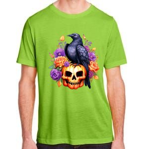 Kawaii Halloween Raven With Pumpkin And Flowers Adult ChromaSoft Performance T-Shirt