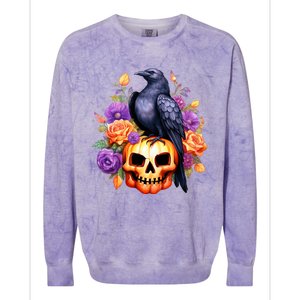 Kawaii Halloween Raven With Pumpkin And Flowers Colorblast Crewneck Sweatshirt