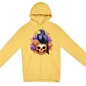 Kawaii Halloween Raven With Pumpkin And Flowers Premium Pullover Hoodie