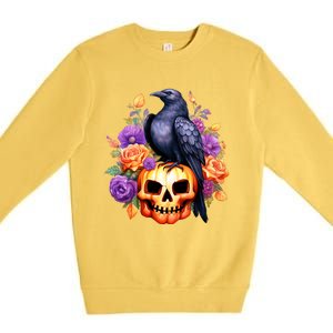 Kawaii Halloween Raven With Pumpkin And Flowers Premium Crewneck Sweatshirt