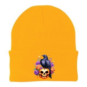 Kawaii Halloween Raven With Pumpkin And Flowers Knit Cap Winter Beanie