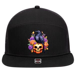 Kawaii Halloween Raven With Pumpkin And Flowers 7 Panel Mesh Trucker Snapback Hat