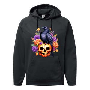 Kawaii Halloween Raven With Pumpkin And Flowers Performance Fleece Hoodie