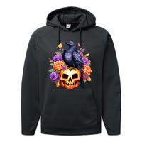 Kawaii Halloween Raven With Pumpkin And Flowers Performance Fleece Hoodie