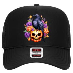 Kawaii Halloween Raven With Pumpkin And Flowers High Crown Mesh Back Trucker Hat